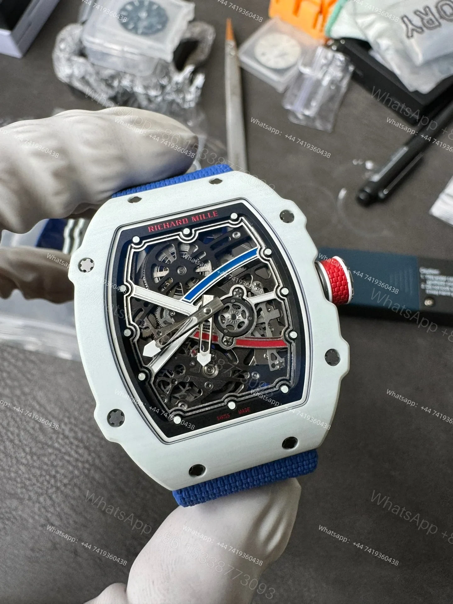 View 5 of Super Clone Richard Mille RM67-02 White Ceramic Skeleton Tourbillon 1:1 Replica Watch with Blue Strap