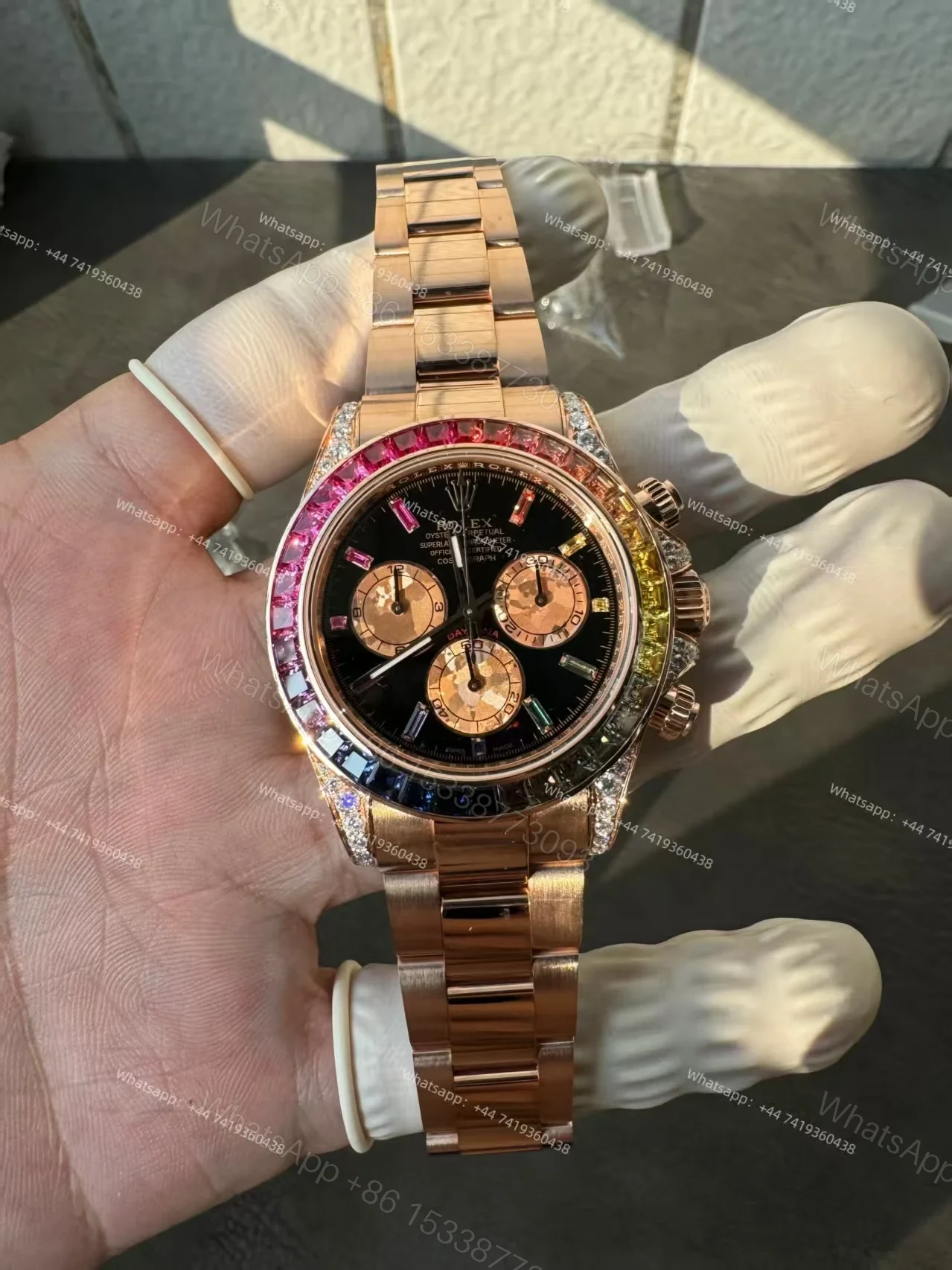 View 23 of Rolex Super Clone Rainbow Daytona 1:1 Replica Watch – 18K Rose Gold