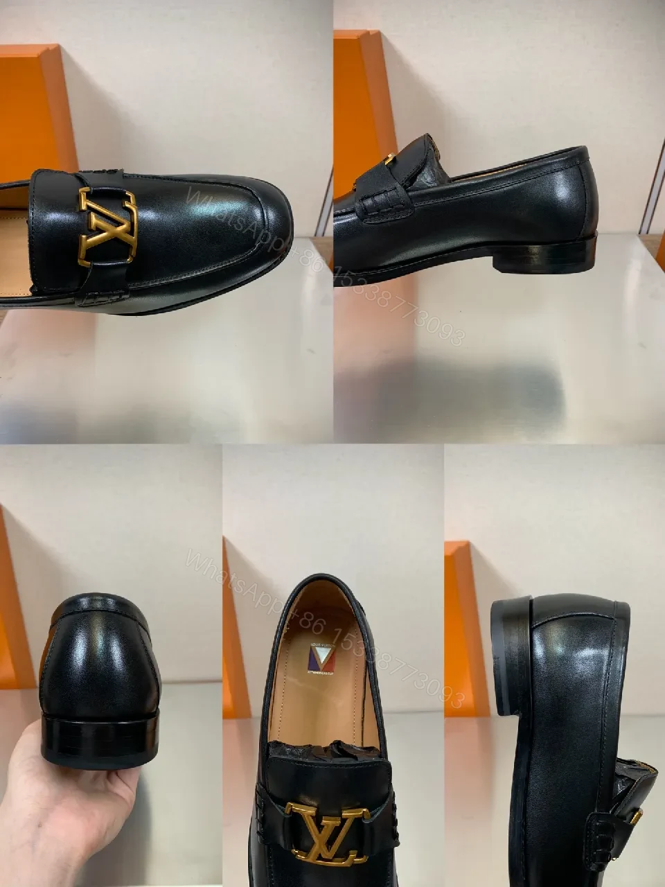View 2 of Chic Black Leather Penny Loafers with Gold Hardware