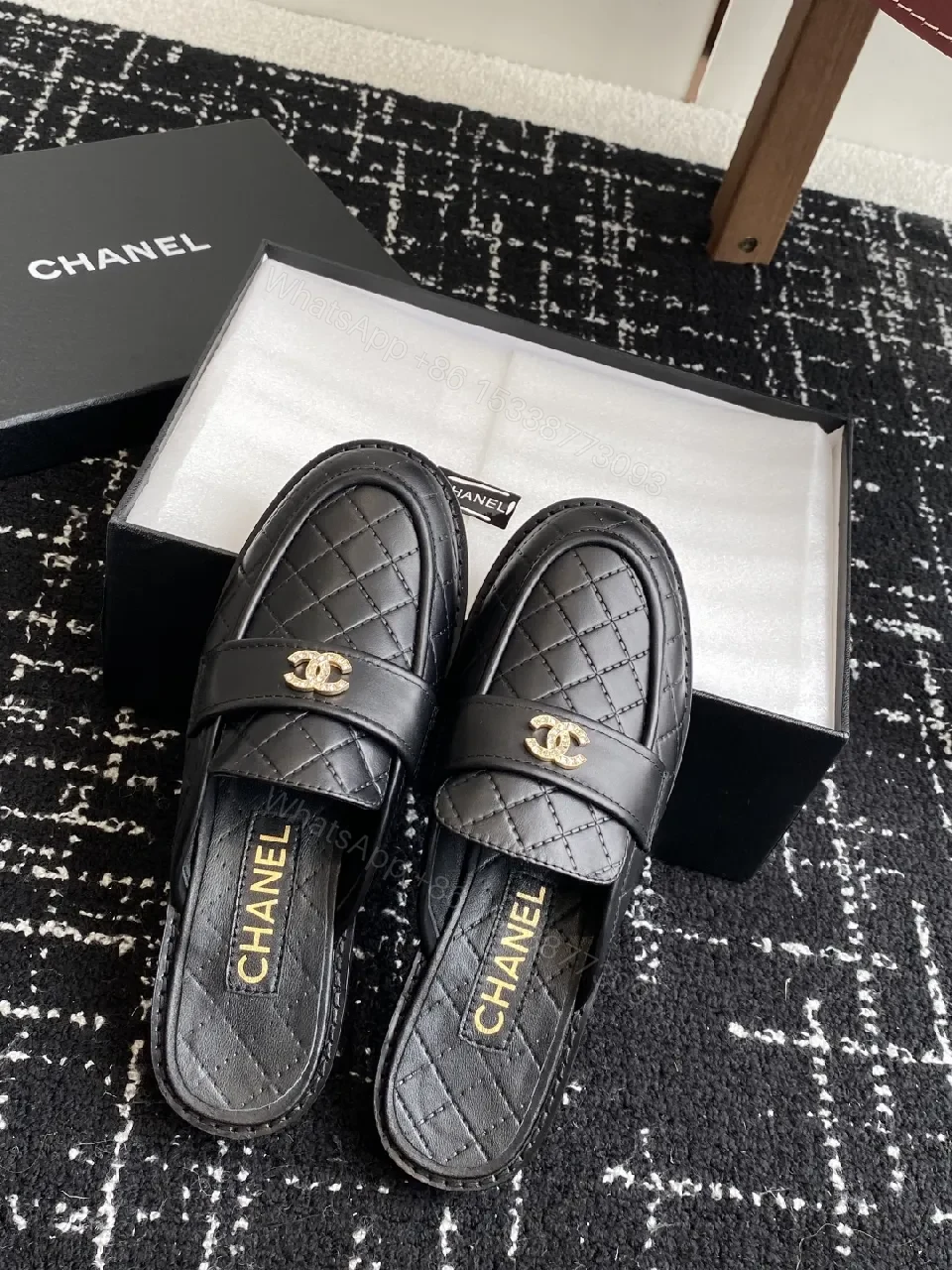 View 6 of Quilted Leather Mules with Gold Logo — Black, Premium Style