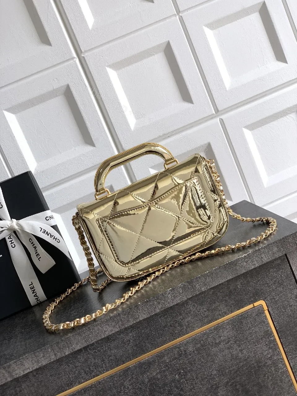 View 7 of Gold Quilted Satiny Mini Bag: Luxe Glam Carryall