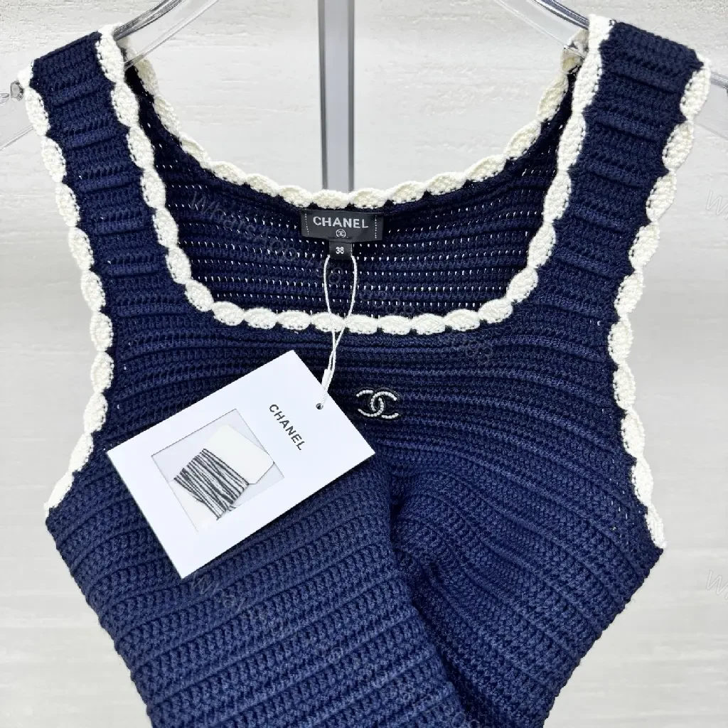 View 6 of Navy Knit Tank with Ivory Trim – Textured Luxury Top
