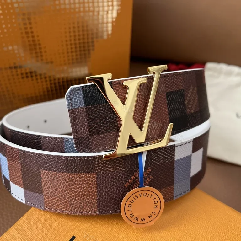 View 5 of Statement Pattern Leather Belt with LV Buckle - Luxury Brown/Black Belt