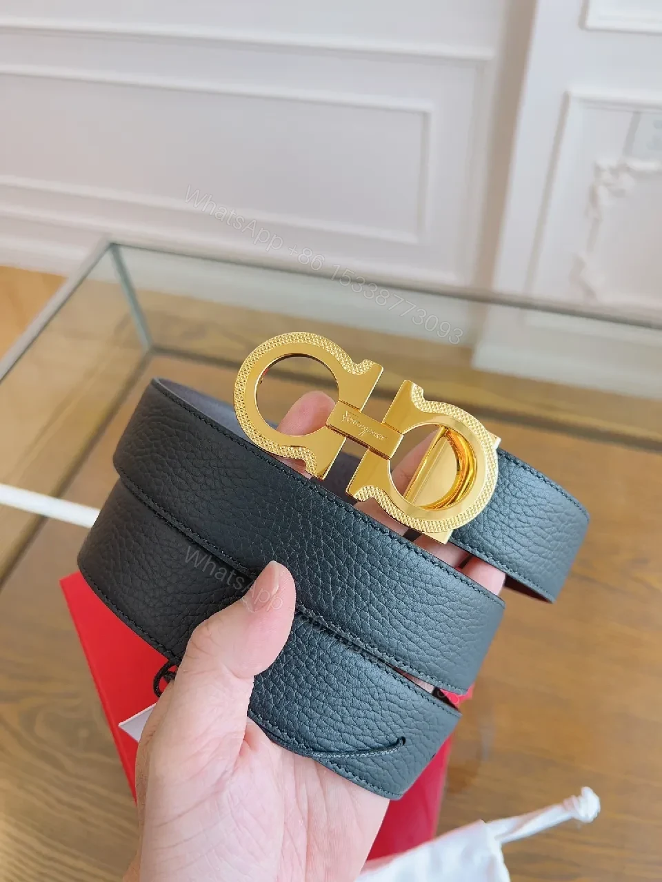 View 3 of Black Leather Belt with Gold Gancini Clasp, Luxe Classic Style, Adjustable