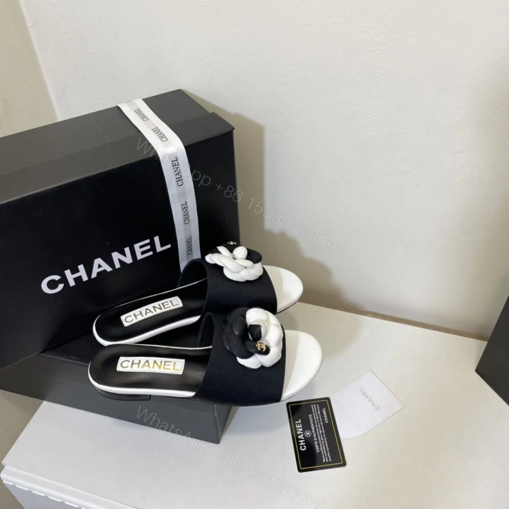 View 2 of Chanel Camellia Slides Black White