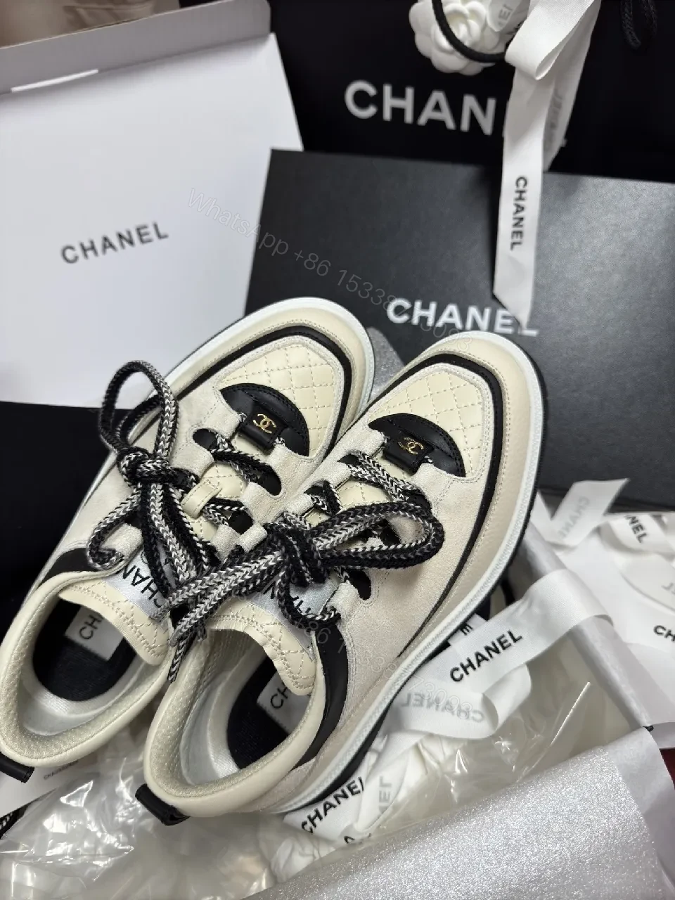 View 8 of Beige Leather-Trim High-Top Trainers: Luxury Comfort