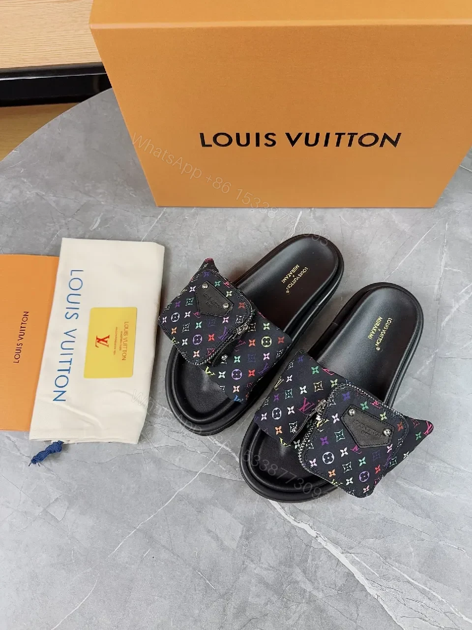 View 5 of Multicolor LV-Inspired Slide Sandals with Cushioned Footbed
