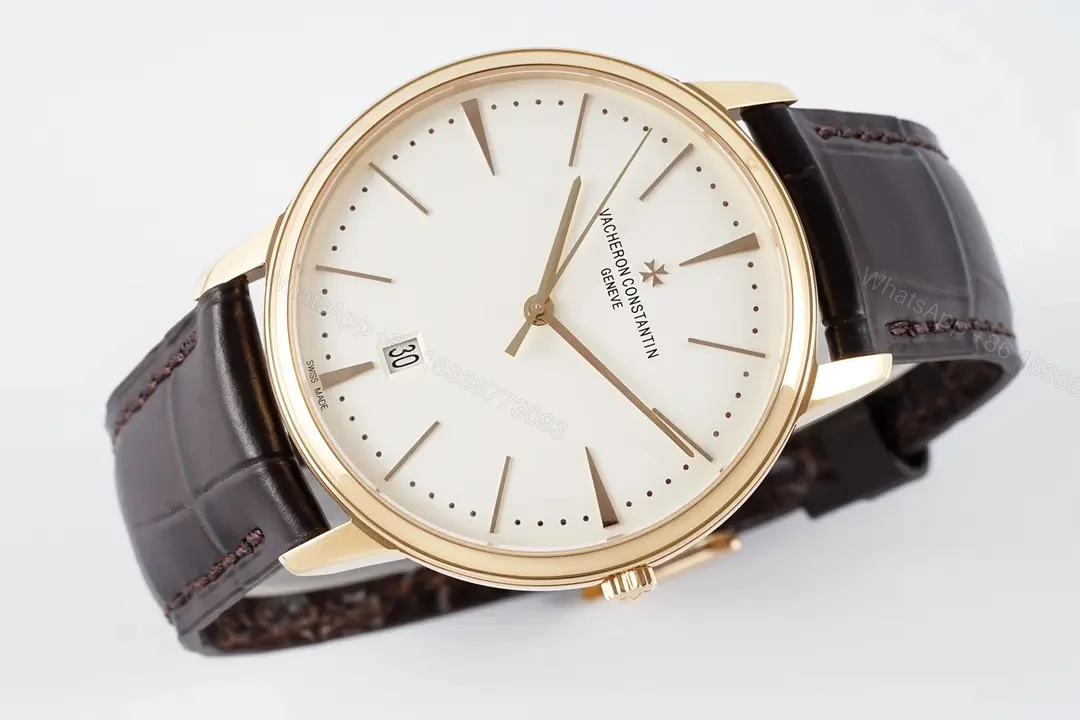 View 4 of GS Factory Vacheron Constantin Patrimony 85180 Series Watch – Gold Case, White Dial, Brown Leather Strap, Minimalist Style