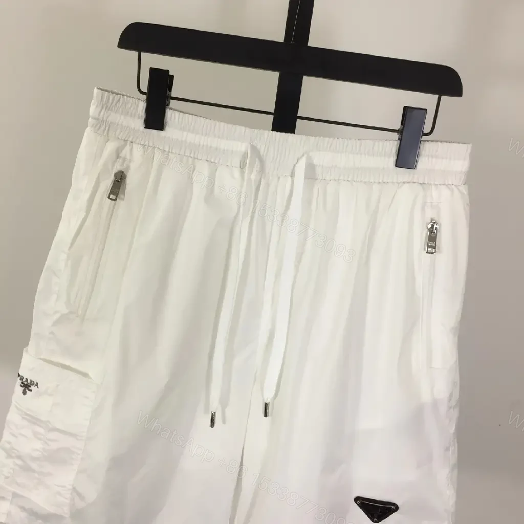 View 7 of White Linen Cargo Shorts, Drawstring, Zipper Pockets, Prada Style