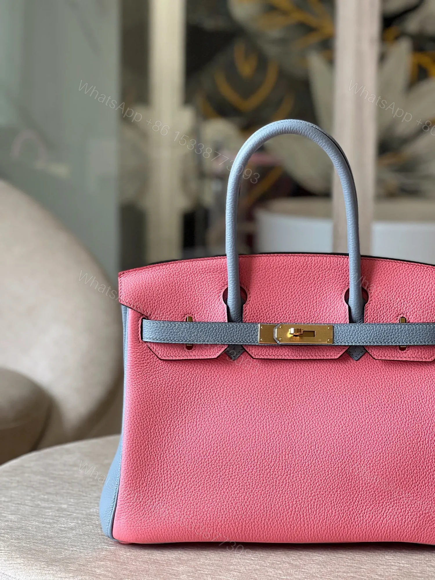 View 5 of HN 30 Liam Blue/ Rose Pink Togo Leather Gold Hardware