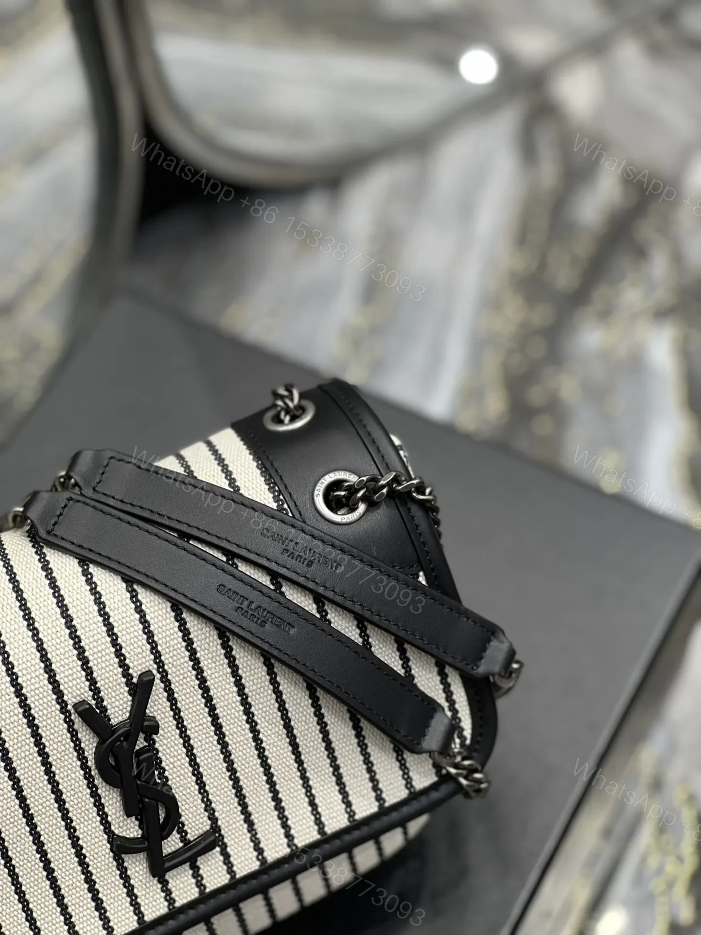View 5 of Saint Laurent Cotton Canvas Striped Vintage Calfskin Monogram Medium Niki Chain Satchel