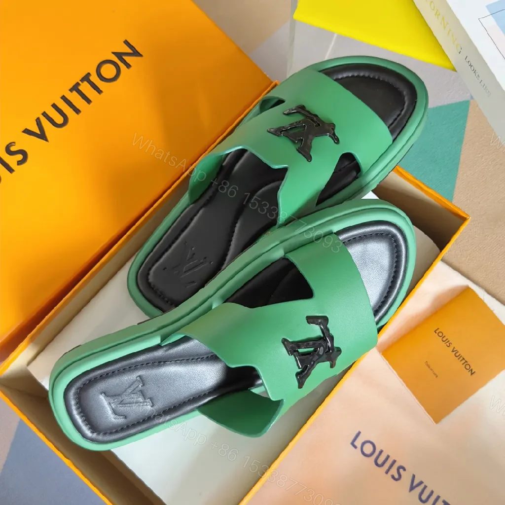 View 7 of Green Leather Sandals with Bold Logo, Comfort-Oriented Sandals