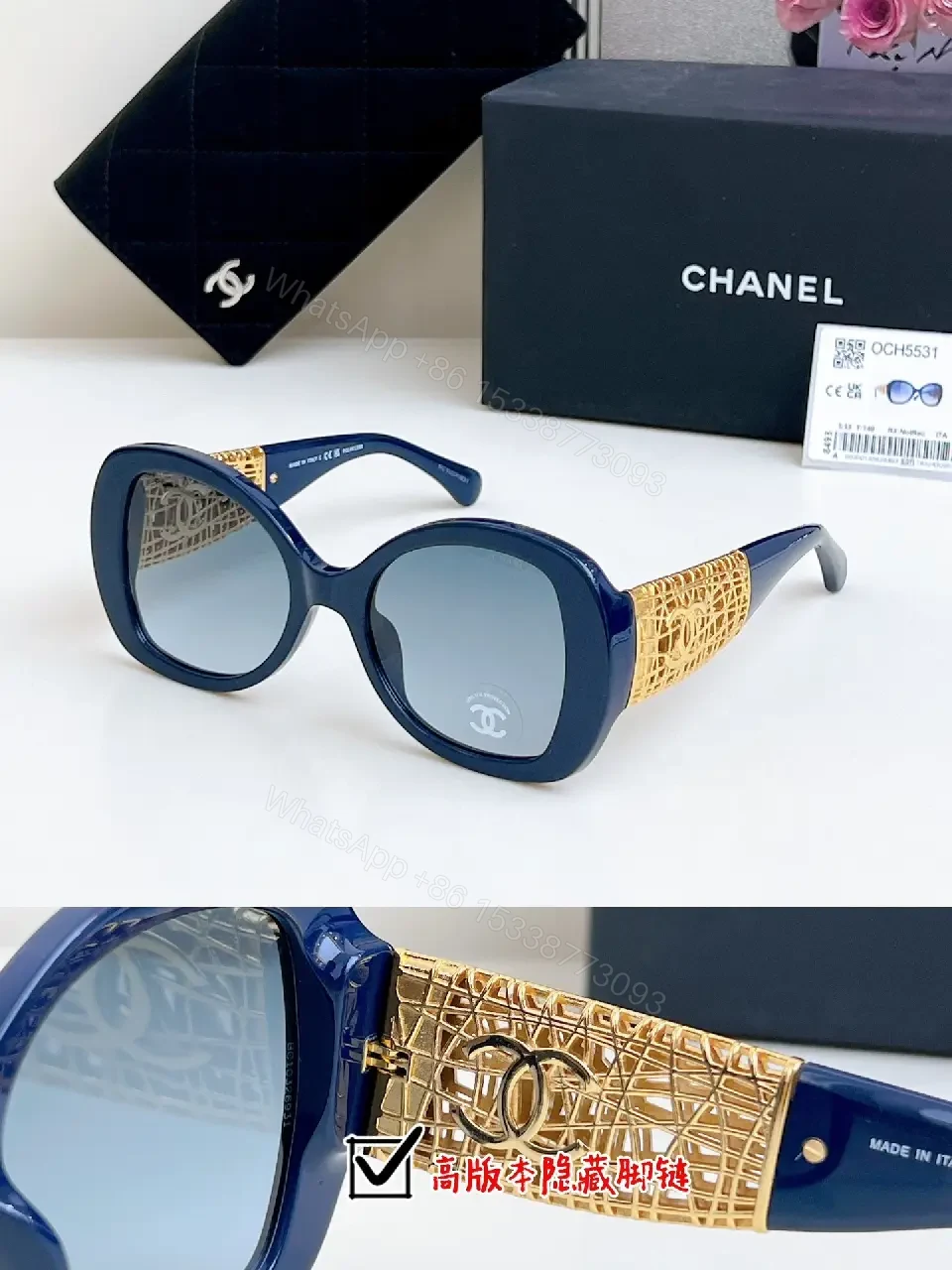 View 6 of Oversized Gold-Textured Sunglasses with Gradient Lenses, Black Frame