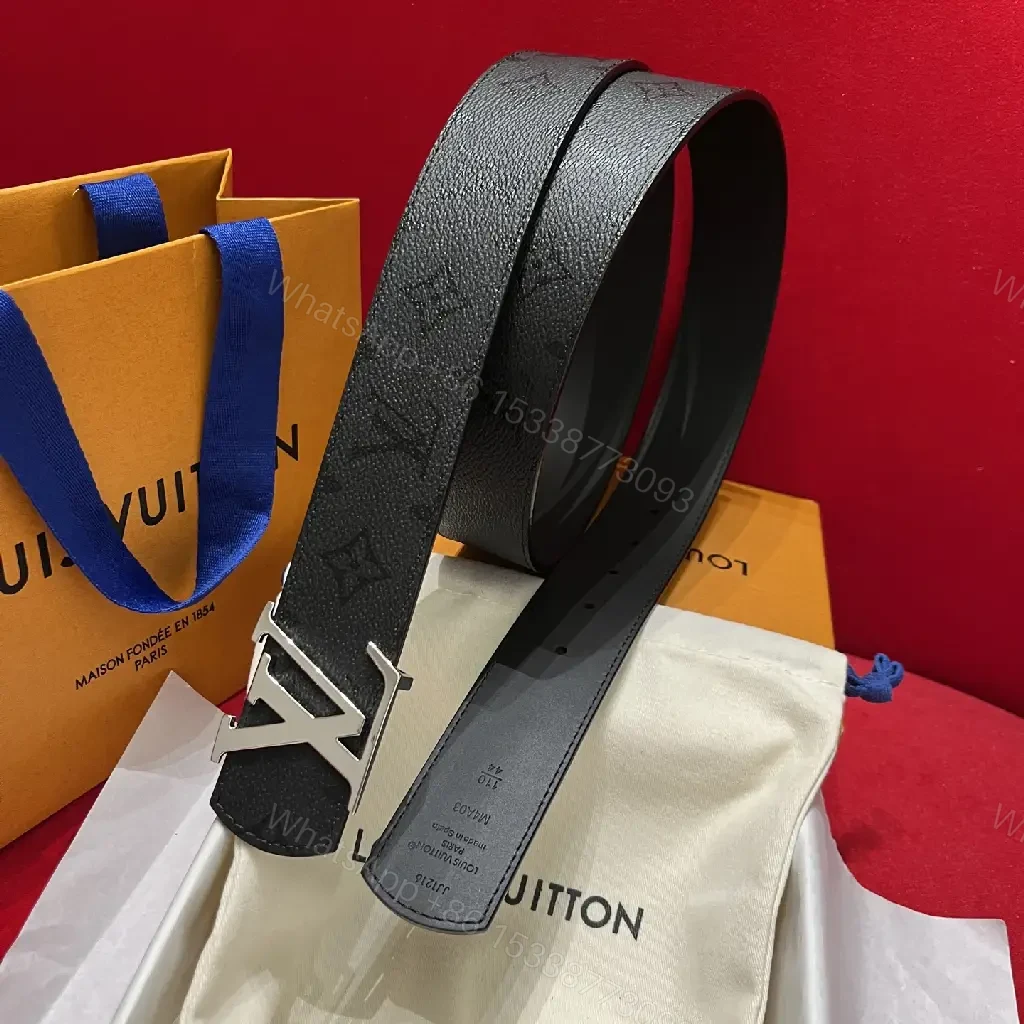 View 6 of Black Leather Belt – Pebbled Grain, Silver LV Buckle, Classic Luxury