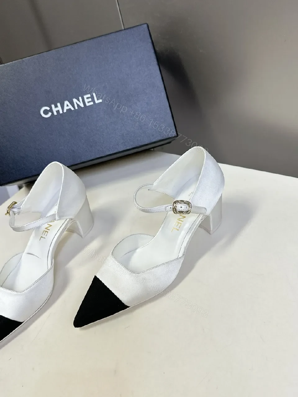 View 8 of White & Black Pointed-Toe Heel with Ankle Strap - Designer-Inspired Luxe Heel
