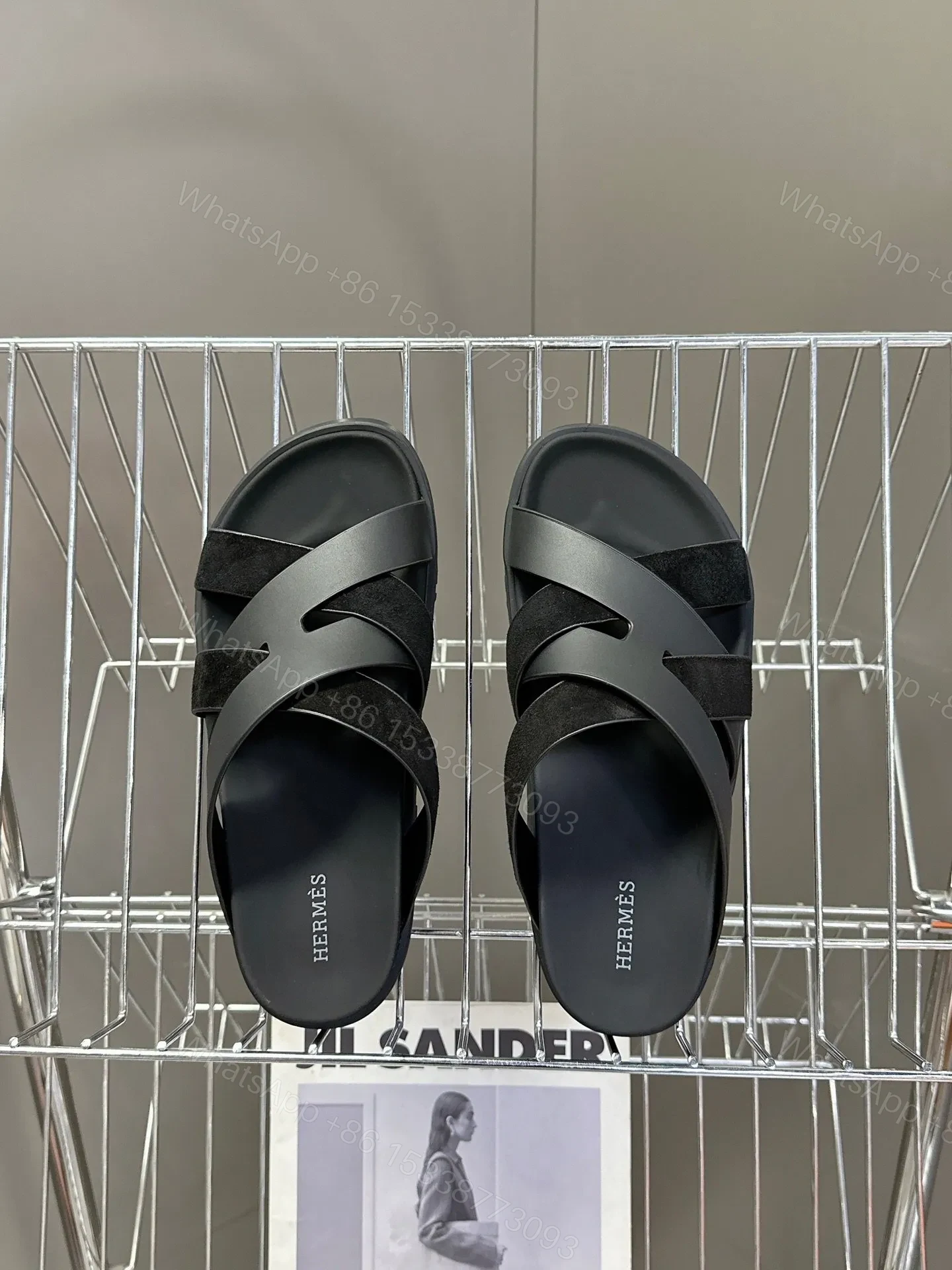View 2 of Hermes Women Black Leather Suede Sandals