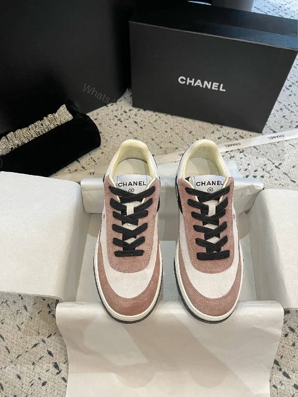 View 7 of Soft Pink Suede & Leather Luxury Sneaker – Mixed Textures, Low-Profile Comfort