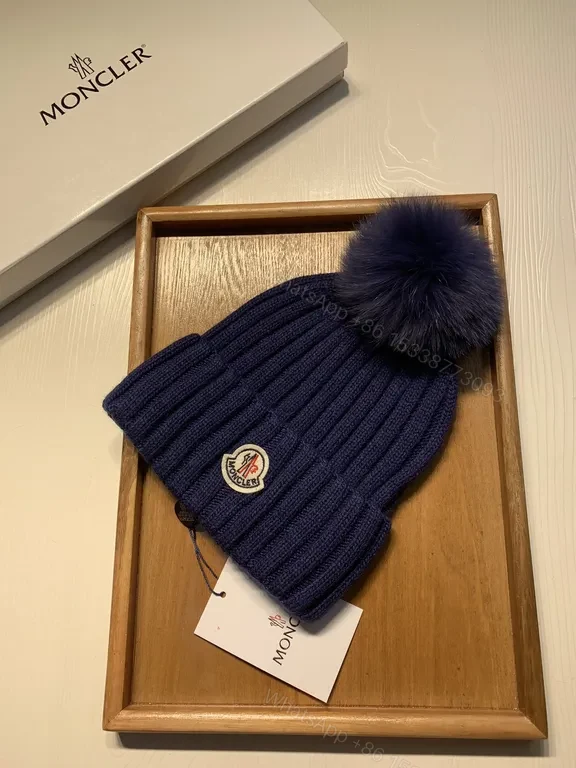 Navy Rib Knit Beanie with Plush Pom—Moncler Luxe Gift Box — view 1