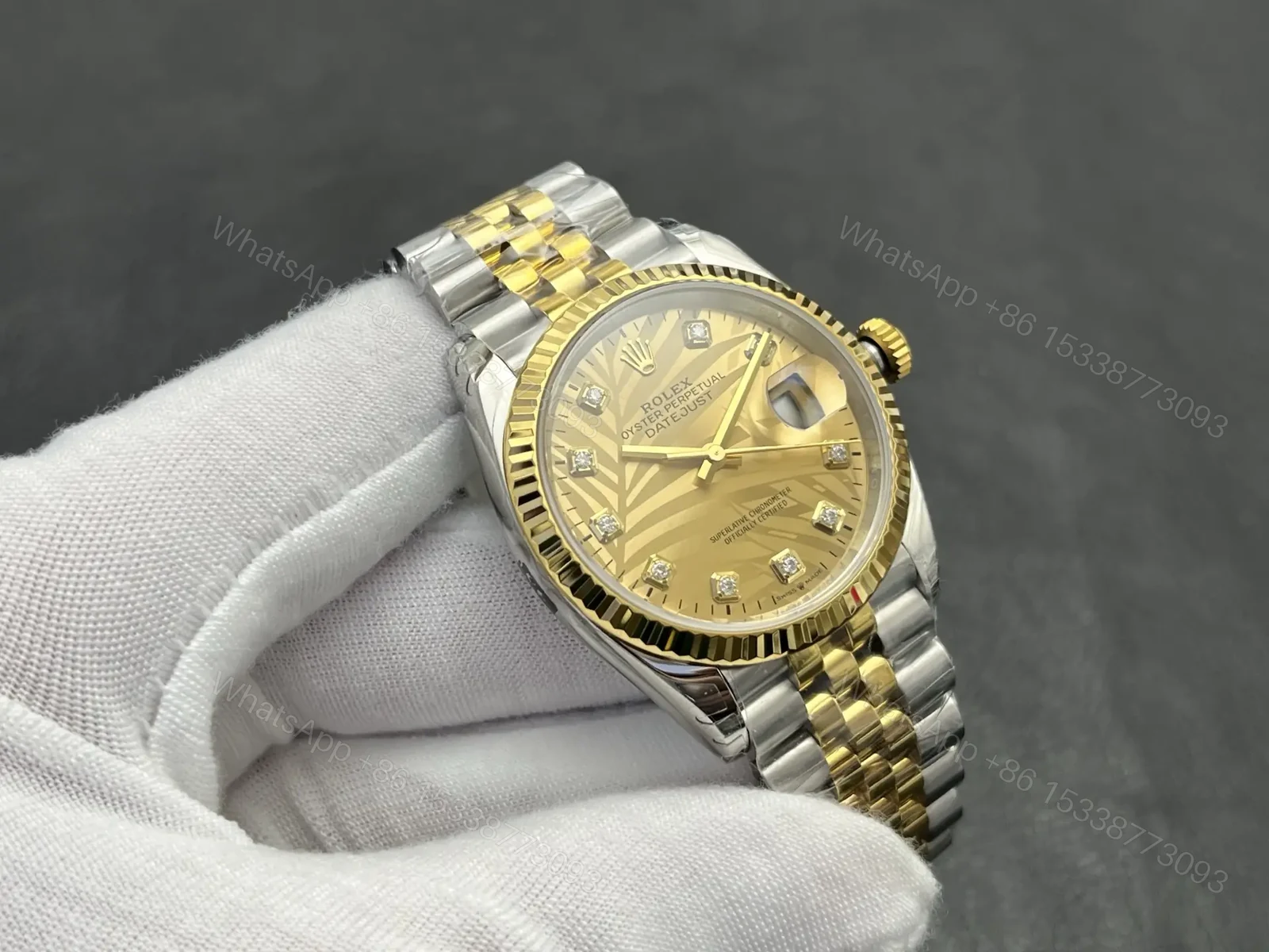 View 4 of Rolex Datejust 36 Stainless Steel Yellow Gold Fluted Champagne Palm Diamond Jubilee 126233-0043