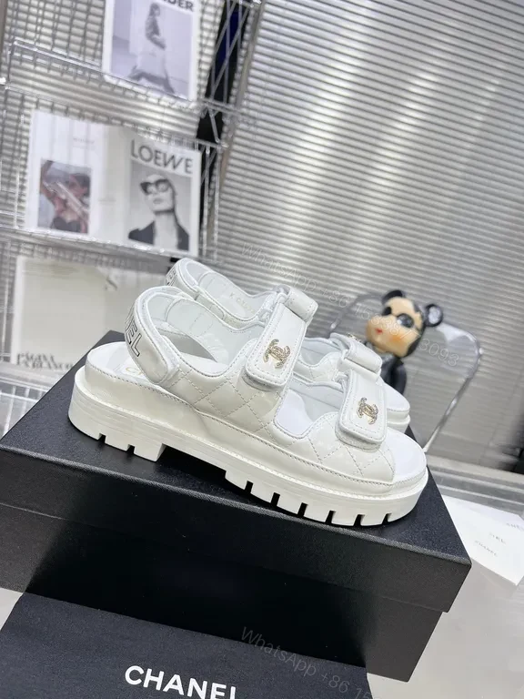 View 5 of White Leather Velcro Sandals with Chanel-Inspired Hardware