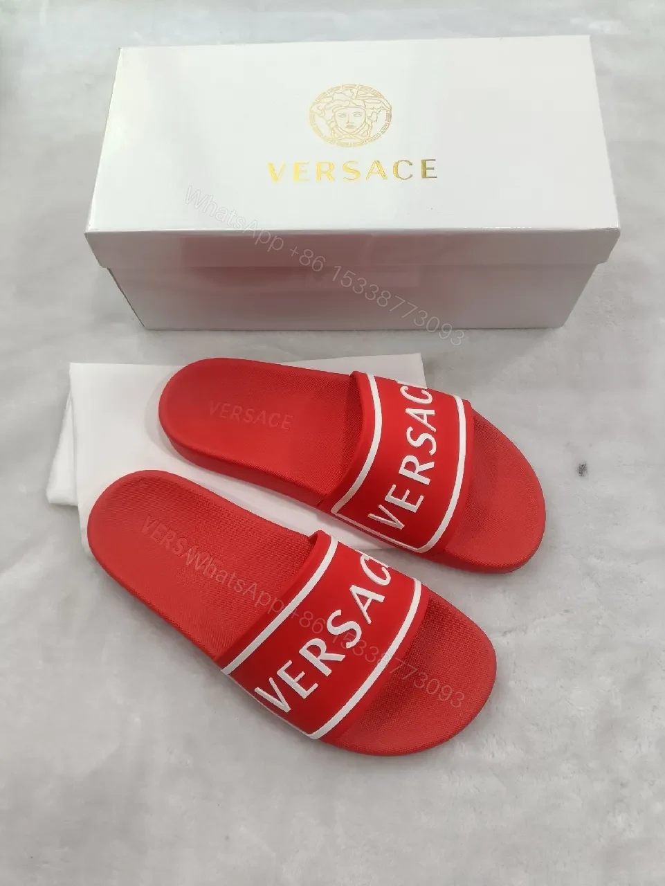 View 3 of Red Velour Slip-Ons with Bold Logo Band