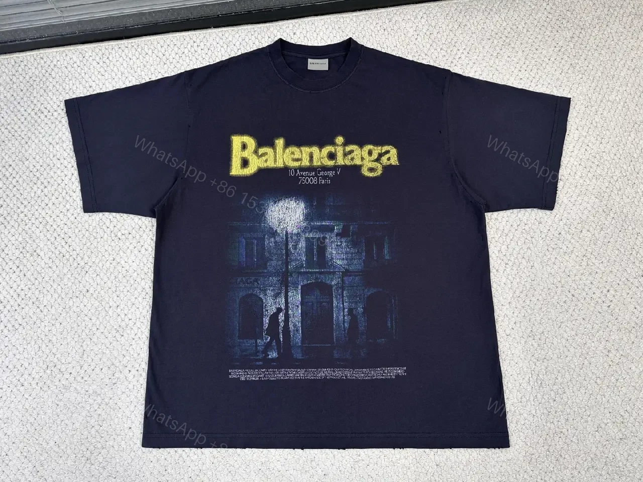 View 9 of Navy Cotton Oversize Balenciaga Graphic Tee with Neon Yellow Logo
