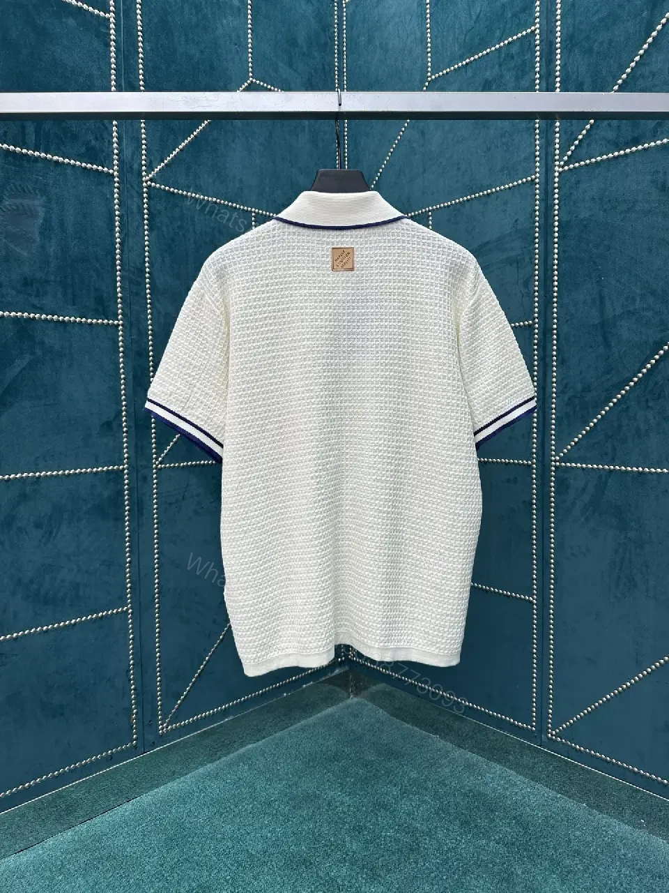 View 3 of Off-White Shirt Textured Weave Navy Piping Pocket Logo Button-Up