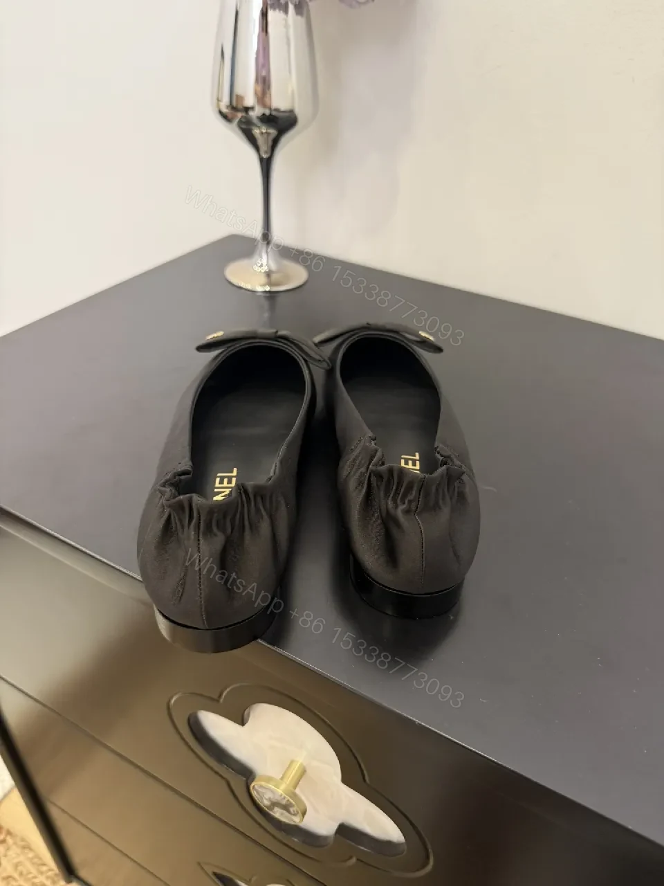 View 2 of Black Satin Pointed-Toe Mules with Bow Detail