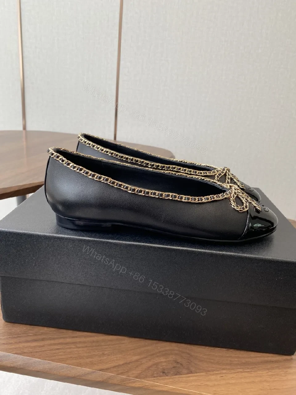View 4 of Black Leather Ballet Flats with Chain Bow Accent - Luxe Style