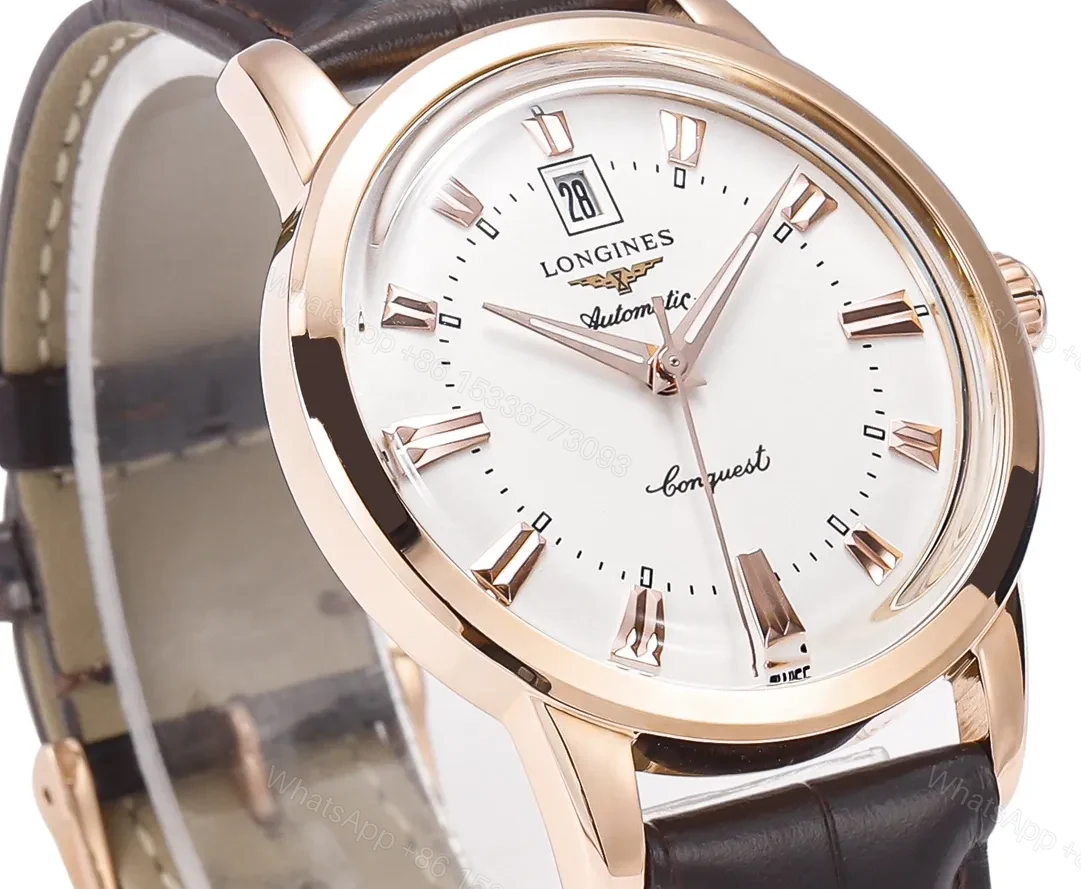 View 6 of Longines Conquest Classic Re Edition Cyclops Watch Rose Gold with Brown Leather Strap