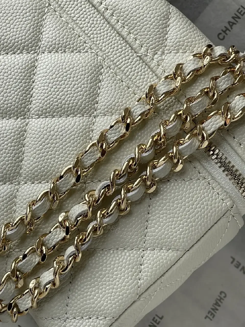 View 5 of Quilted Ivory Mini Bag in Luxe Chevron, Gold Hardware