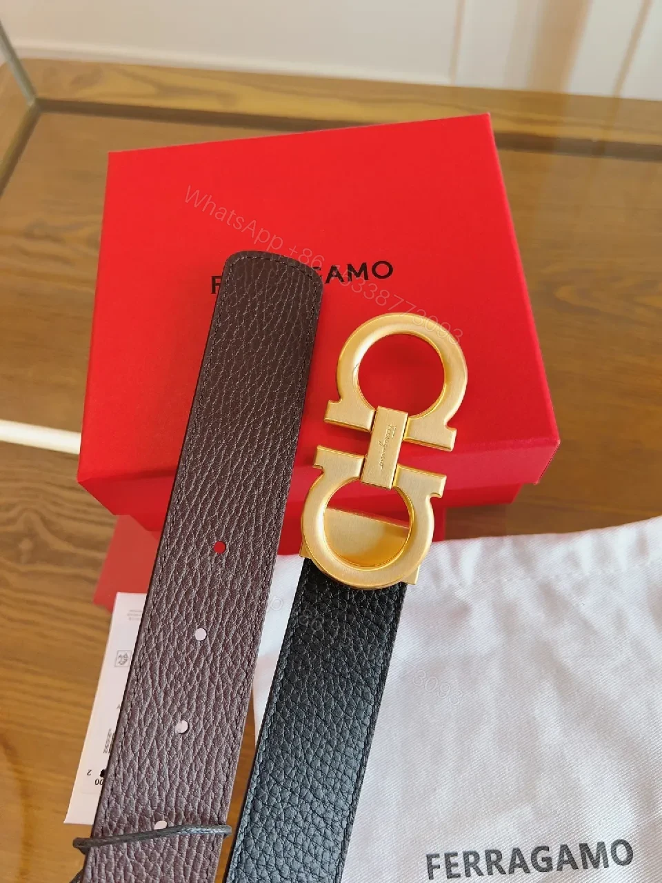 View 7 of Chic Black Leather Belt with Gold Interlocking Buckle