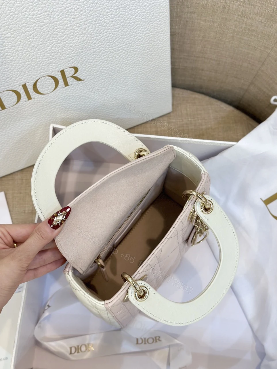 View 3 of Dior Lady Mini Handbag for Women Pink Cowhide Like Auth 18cm