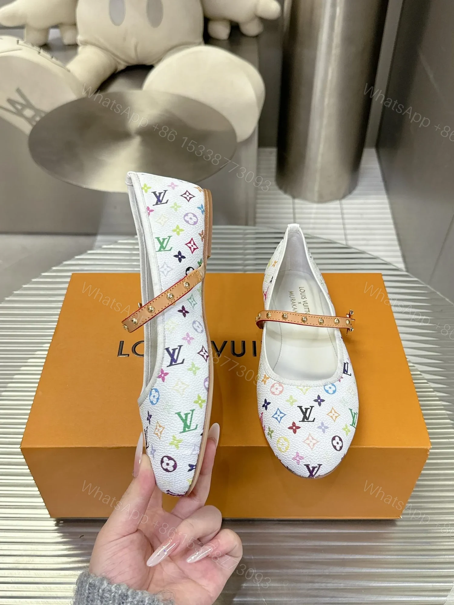 View 4 of LV Women White Canvas Multicolor Print Leather Strap Flats