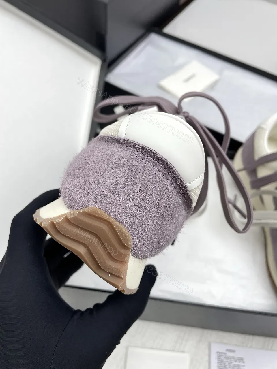 View 10 of Lavender Suede & Cream Knit High-Top Sneakers – Luxury Chic Style