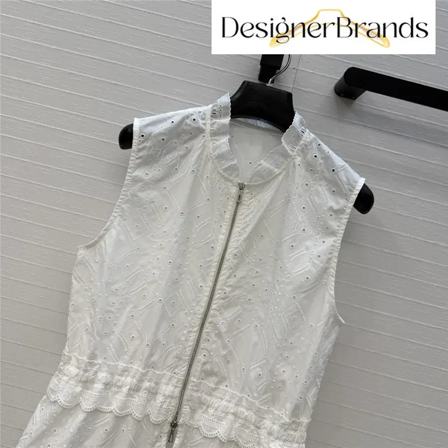 View 2 of Hermes White Lace-Embroidered Sleeveless Zip-Up Top