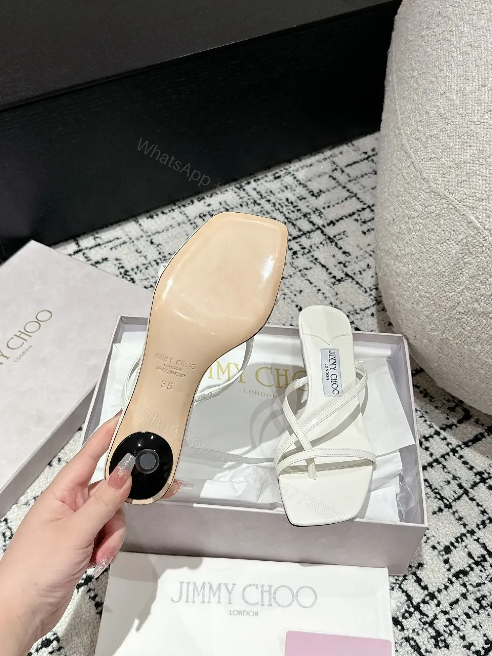 View 7 of White Leather Strappy Sandals: Square-Toe Kitten Heel