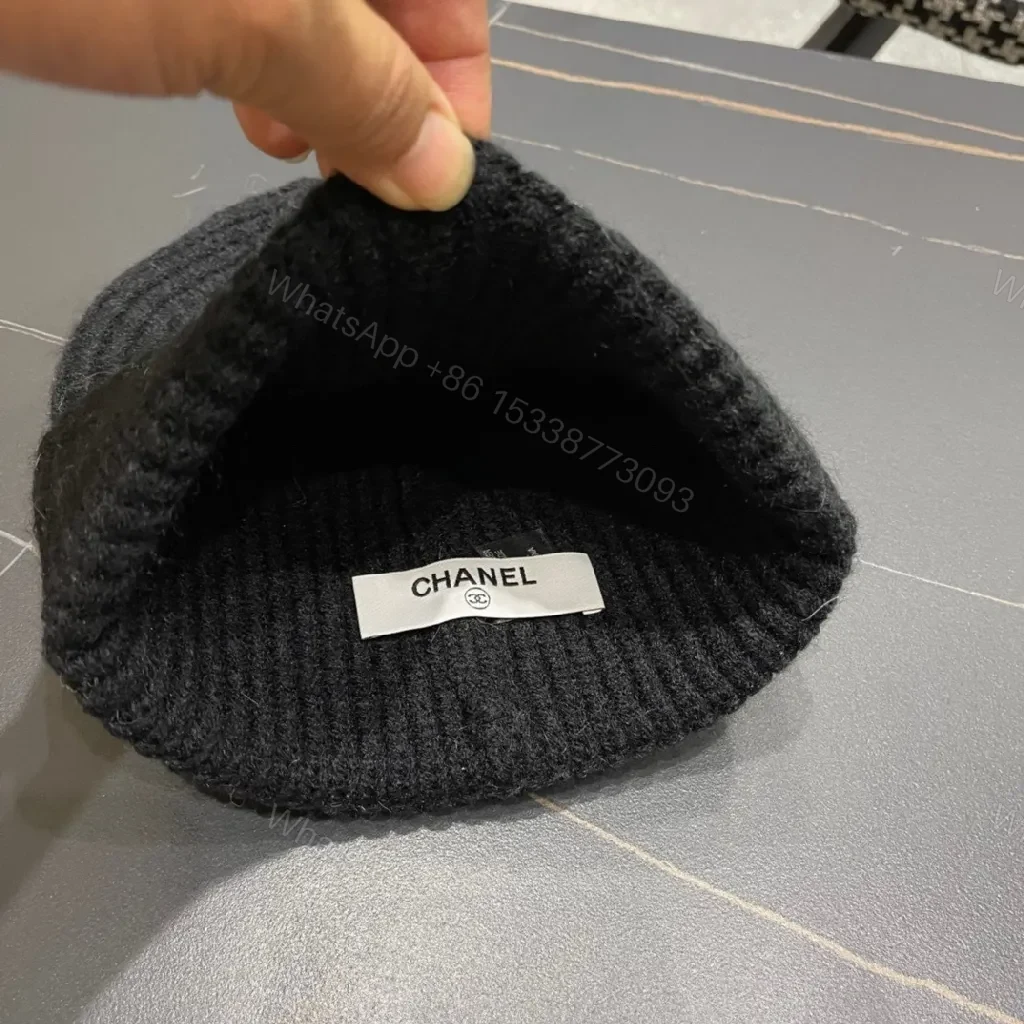 View 6 of Black Knit Beanie with Luxe Badge, Everyday Luxury, One-Size, Casual Style