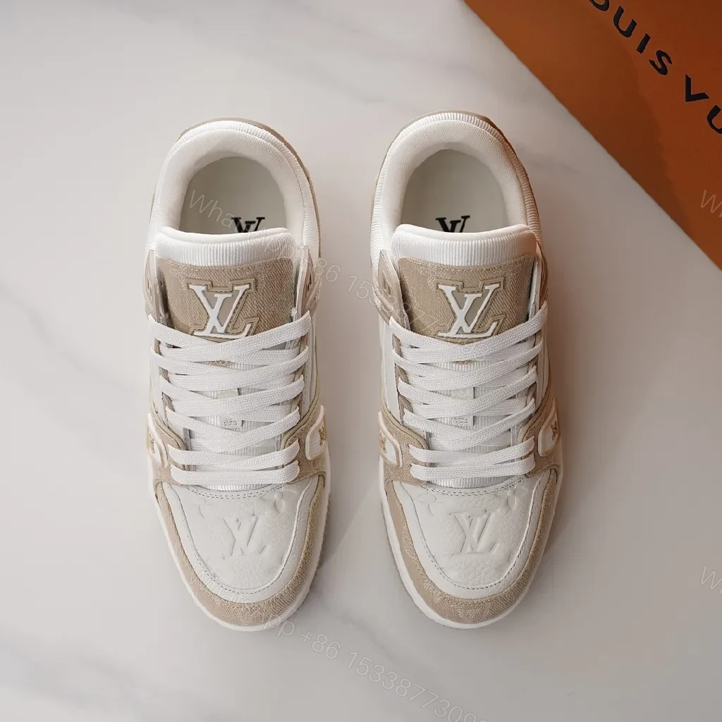 View 7 of Neutral-Tone Suede Leather Sneakers with Subtle LV-Inspired Detailing