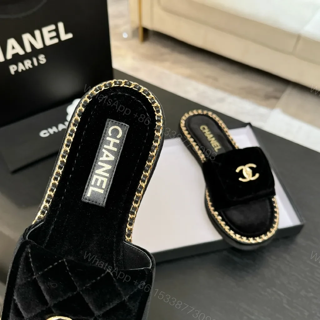 View 6 of Velvet Black Slide-Ons with Chain Trim, Luxe Casual Comfort