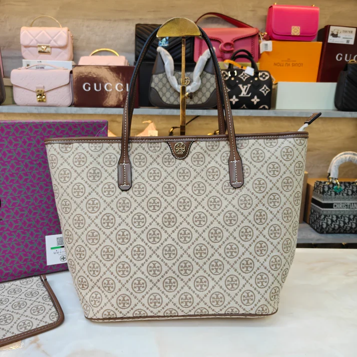 View 5 of First Copy Tory Burch T Monogram Large Zip Tote Bag Biege