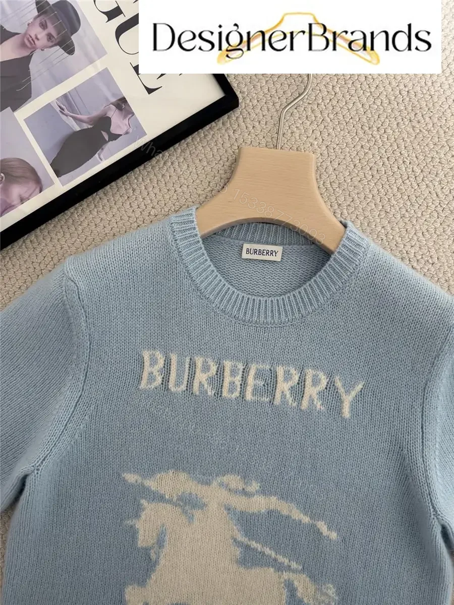 View 4 of Soft blue knit sweater, logo pony, cropped fit, premium casual style