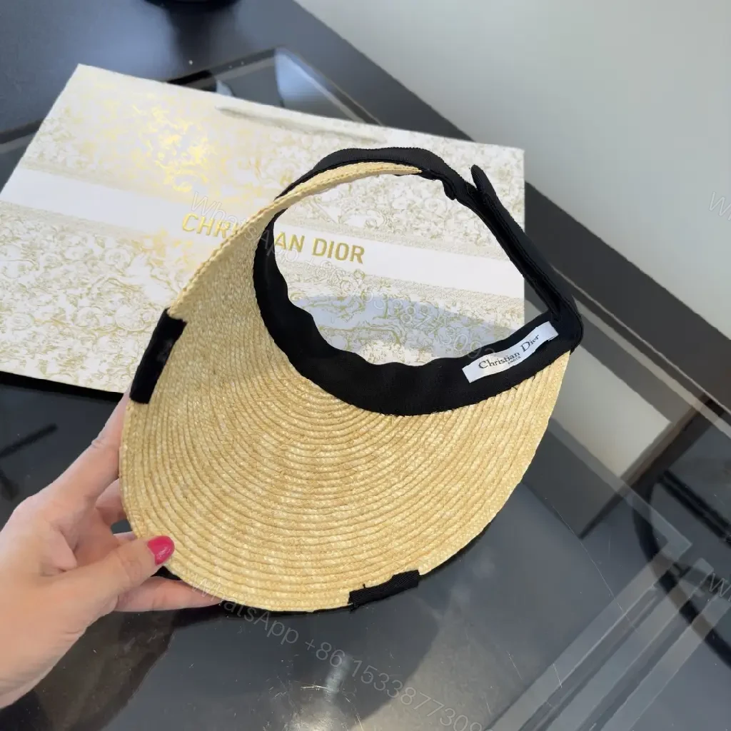 View 3 of Beige Straw Chic Sun Hat Visor, Woven, Faux Dior Ribbon
