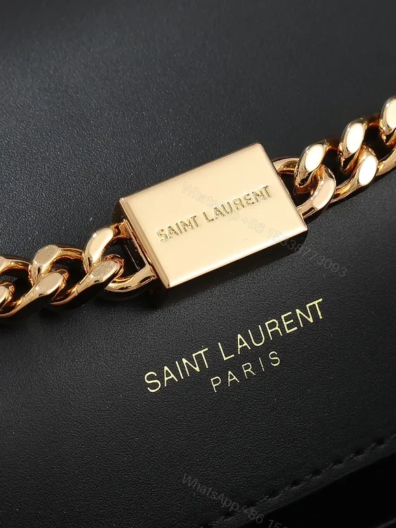 View 7 of Chic Black Leather Flap Bag: Gold-YSL Monogram, Versatile Luxury