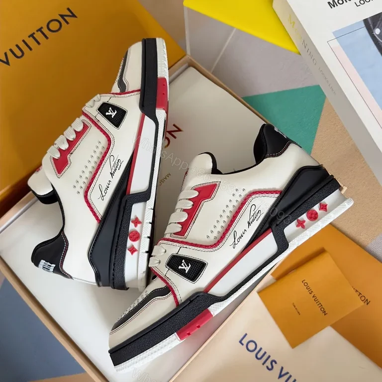 View 6 of Bold Contrast Panel Sneakers: Luxe LV-Inspired Monogram High-Tops
