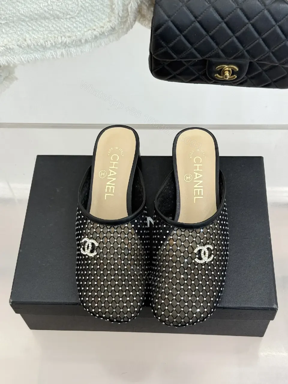 View 4 of Black Mesh Studded Mules Chanel Style Slippers