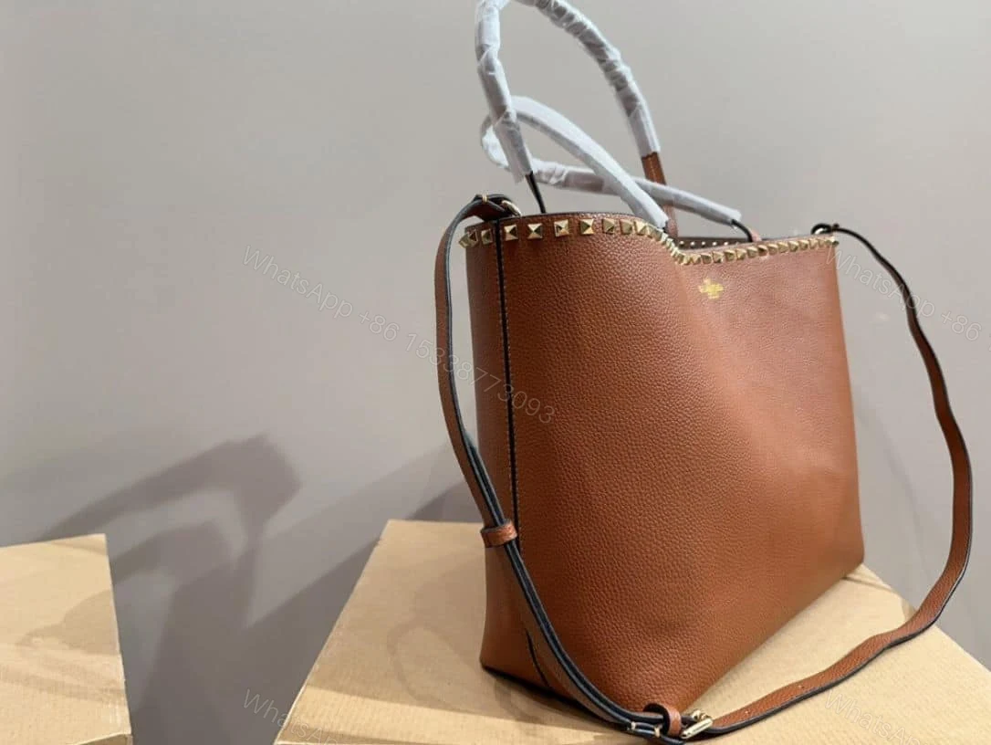 View 8 of VALENTINO GARAVANI ROCKSTUD GRAINY CALFSKIN TOTE BAG BROWN 35CM 1W2B0B70VSF HG5