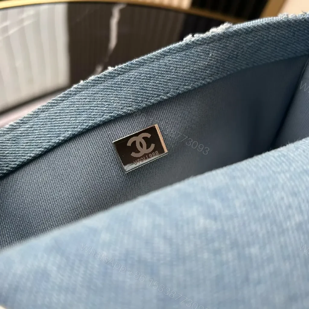 View 8 of Light-Blue Denim Flap Bag with Chain Strap, Quilted, Everyday Luxe