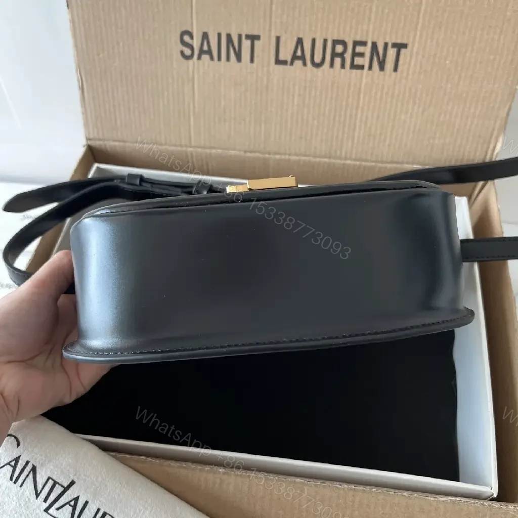 View 5 of Compact Black Leather Crossbody: Gold YSL-Inspired Minimalist Bag