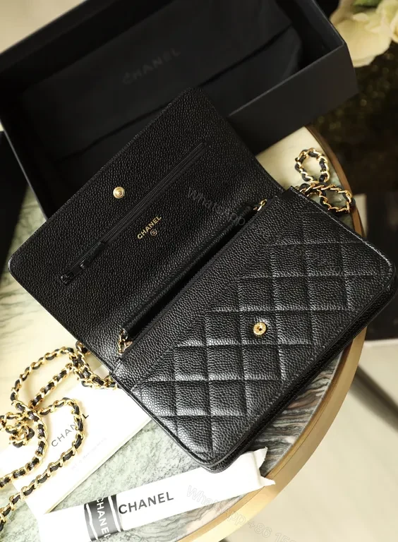 View 4 of Premium Quilted Wallet: Gold Logo, Caviar Leather, Compact Luxury